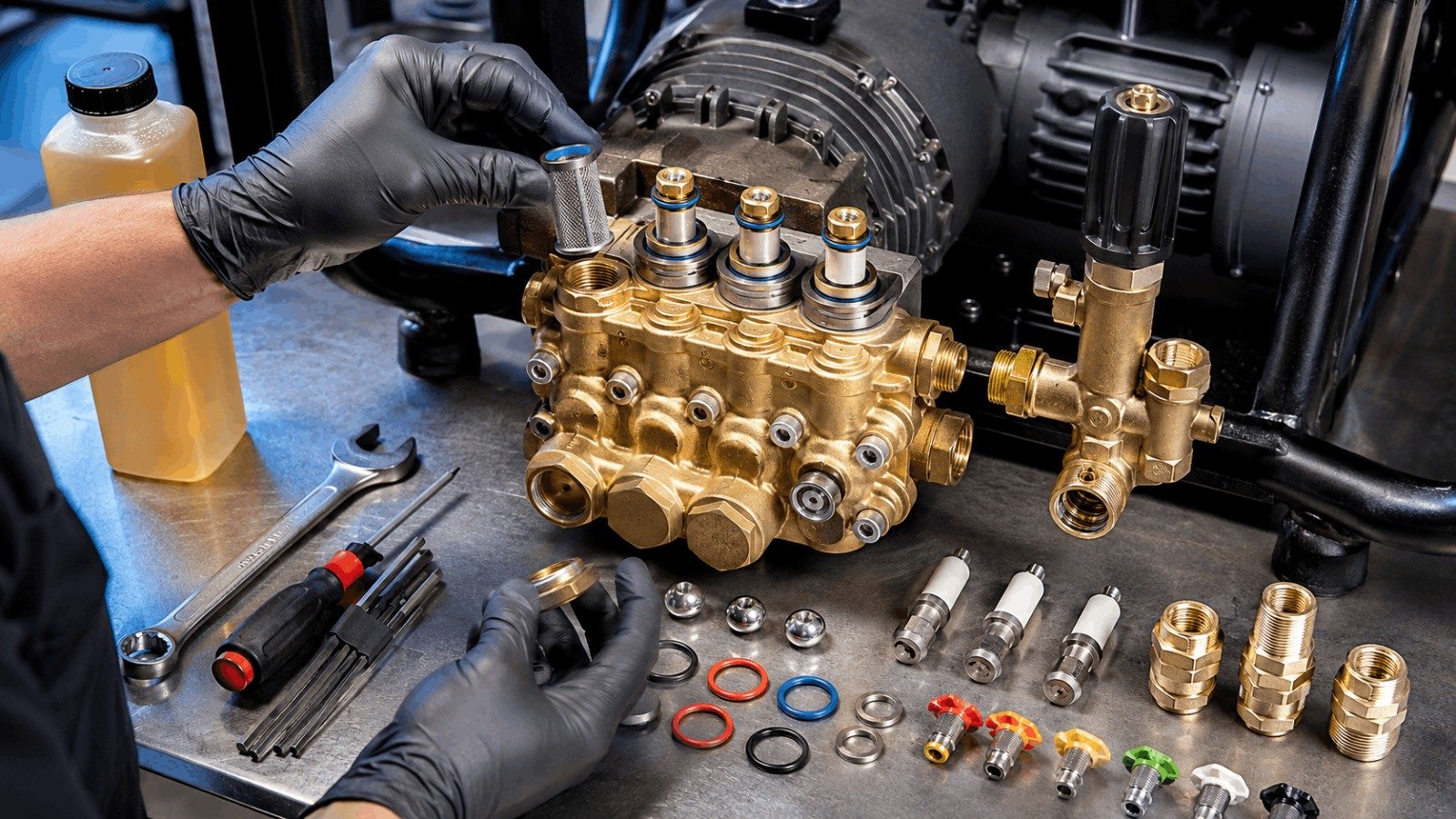 Commercial triplex plunger pump disassembled with forged brass manifold and ceramic pistons for maintenance
