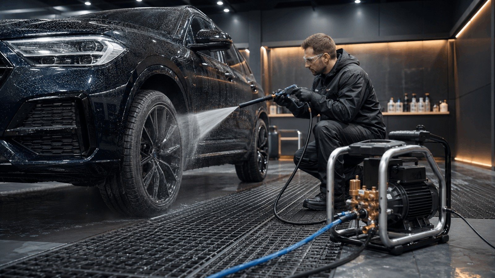 AR Annovi Reverberi commercial electric pressure washer cleaning a car wheel in a detailing shop