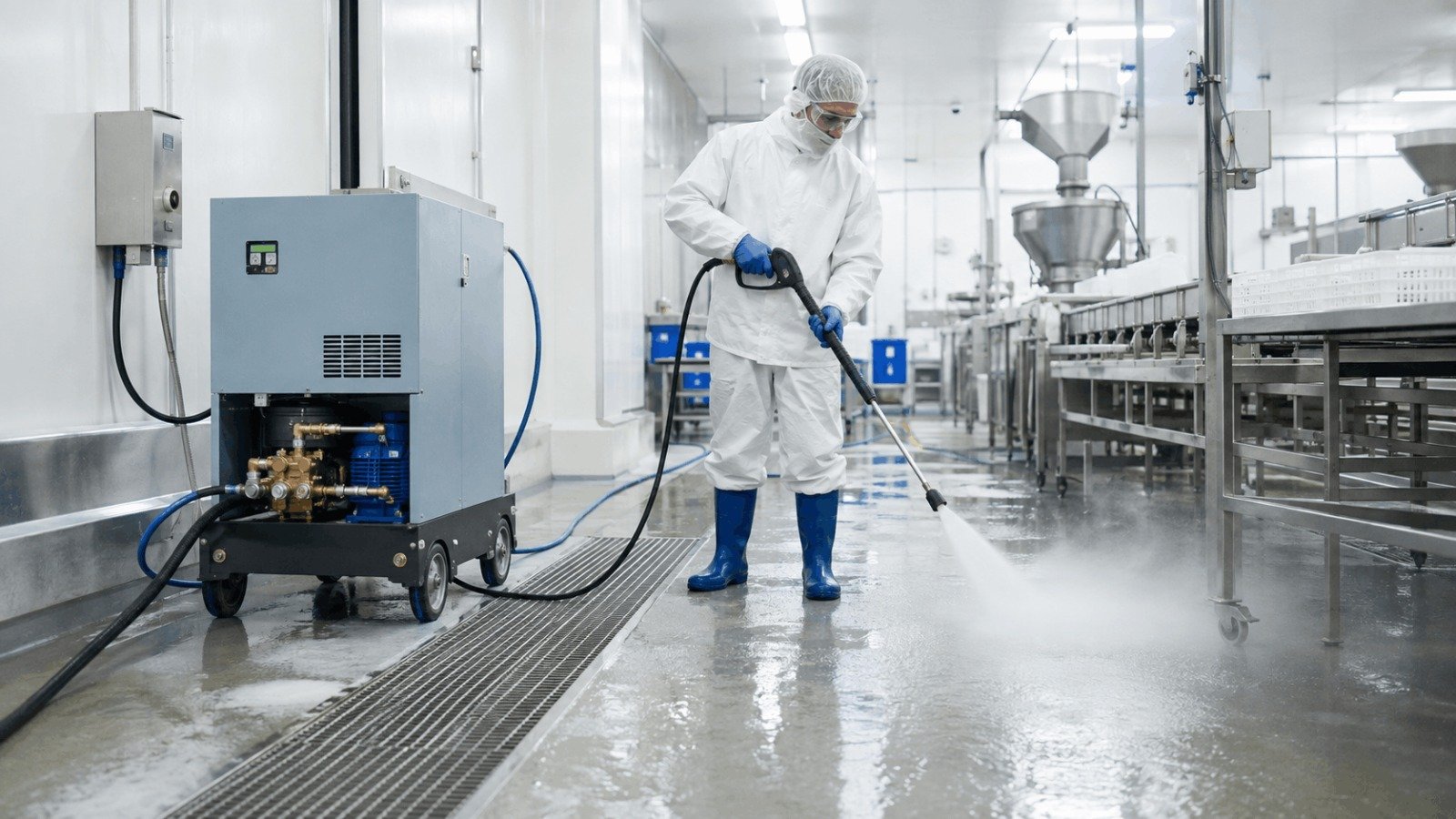 Sanitation worker using an electric hot water pressure washer in a commercial food processing plant