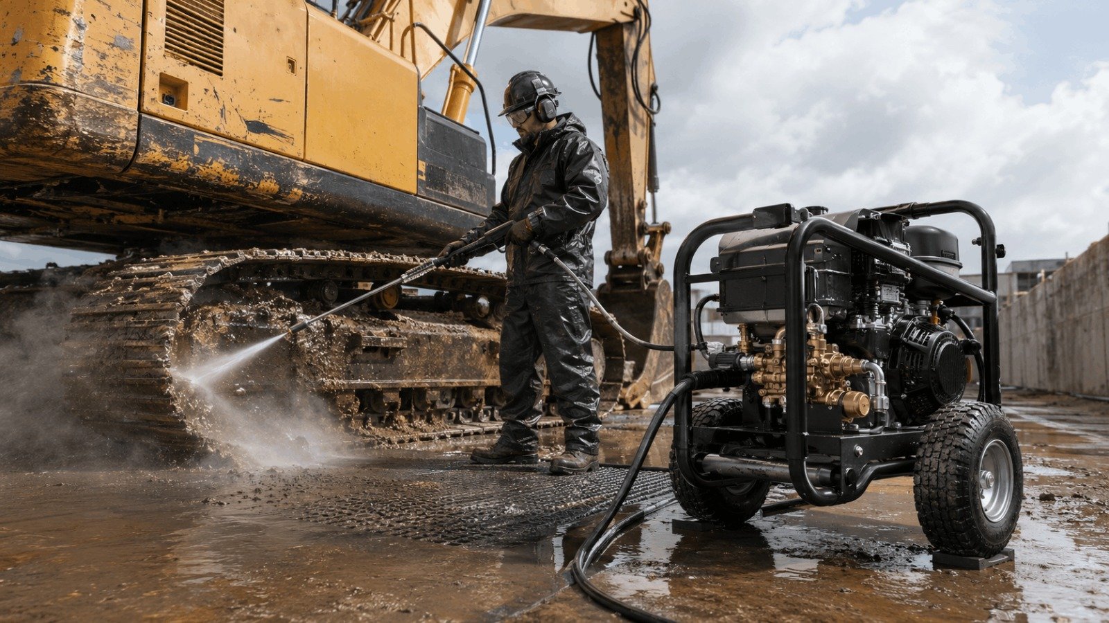 Gas powered commercial pressure washer cleaning heavy construction excavator with hot water steam