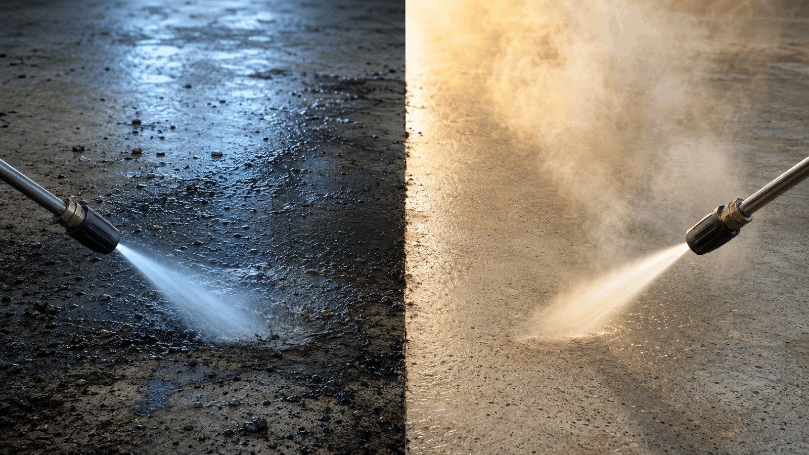 Split comparison showing cold water vs hot water pressure washing removing thick grease from concrete