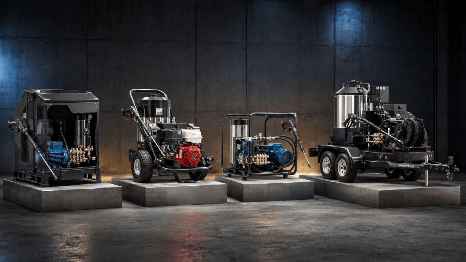 Four different commercial hot water pressure washers including electric, gas, and trailer skid models