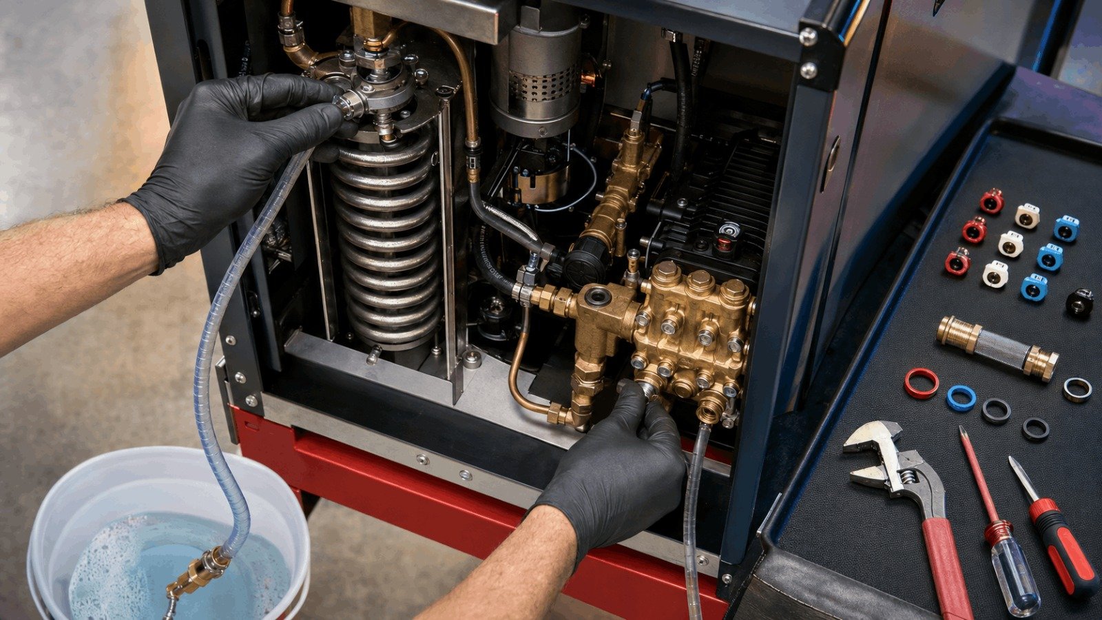 Technician servicing internal heating coil and pump assembly of a commercial hot water pressure washer