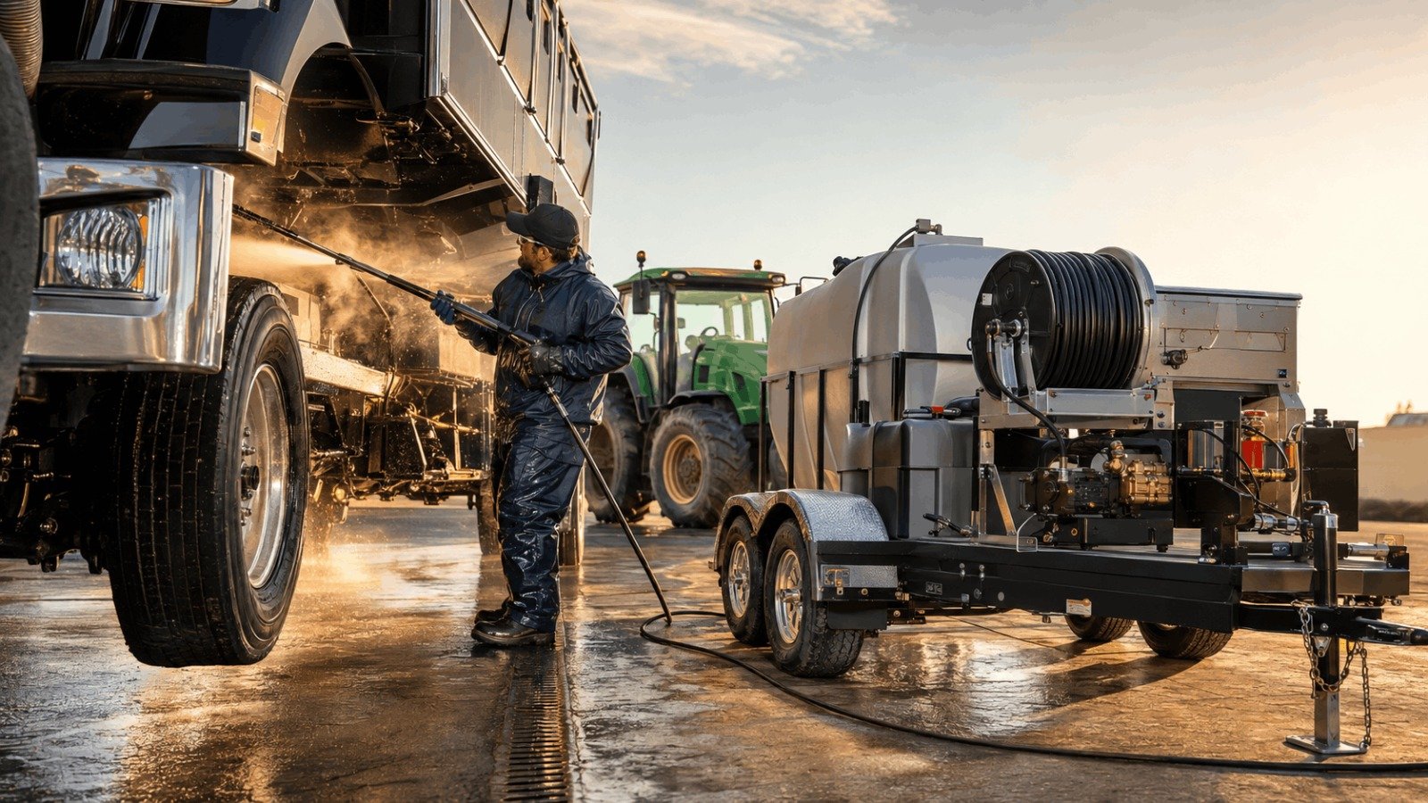 Trailer mounted portable hot water pressure washer cleaning fleet truck undercarriage