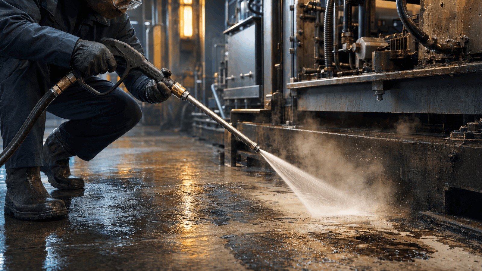 Professional operator using a commercial pressure washer spray gun on industrial concrete surface