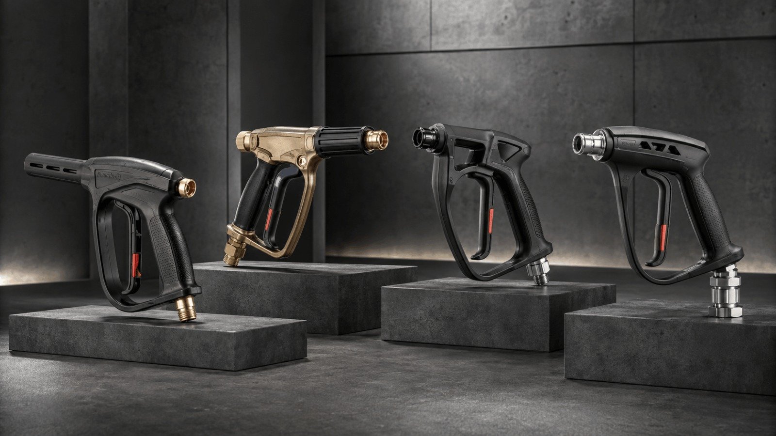 Comparison of four high-PSI commercial pressure washer trigger guns on display blocks