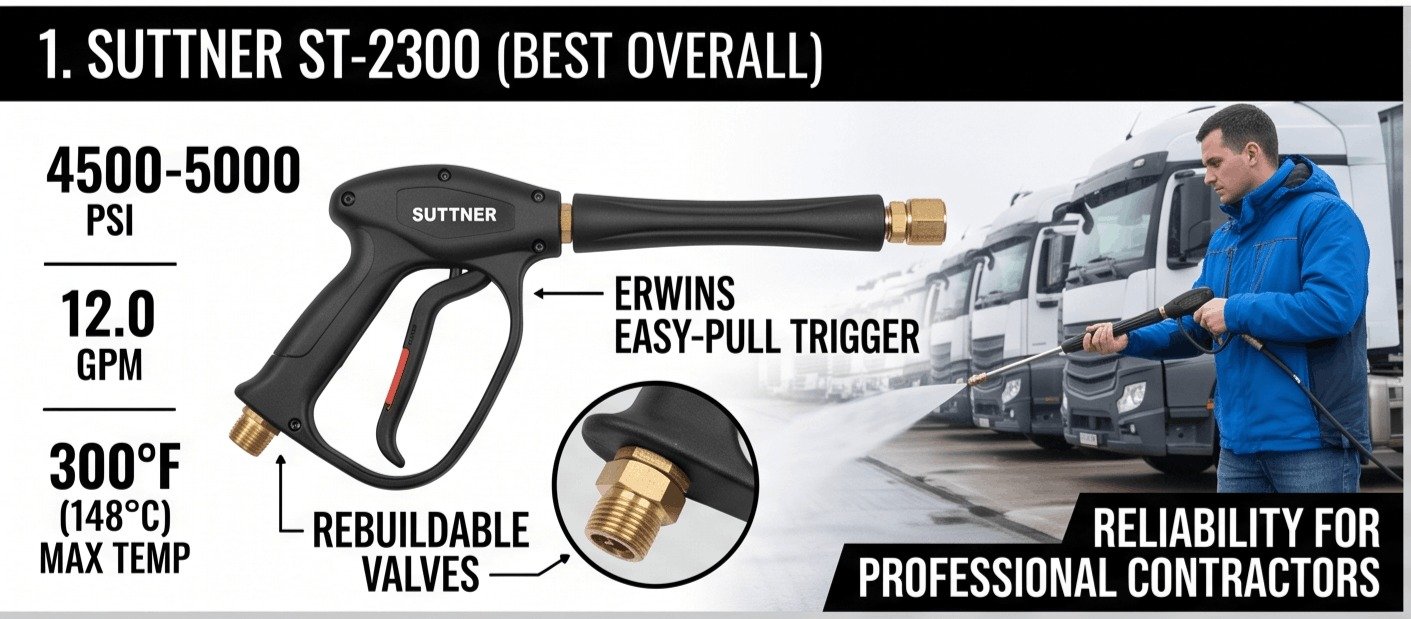 Suttner ST-2300 commercial spray gun specifications showing 5000 PSI rating and easy-pull trigger