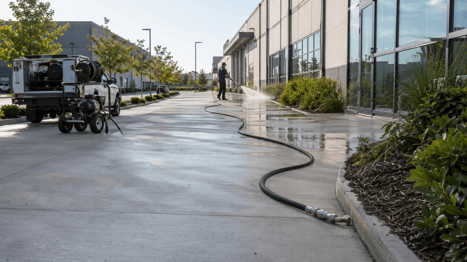 Long commercial pressure washer hose extension stretched across job site