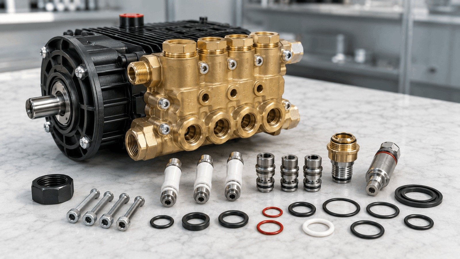 Triplex pressure washer pump replacement parts showing ceramic plungers, water seals, and check valves