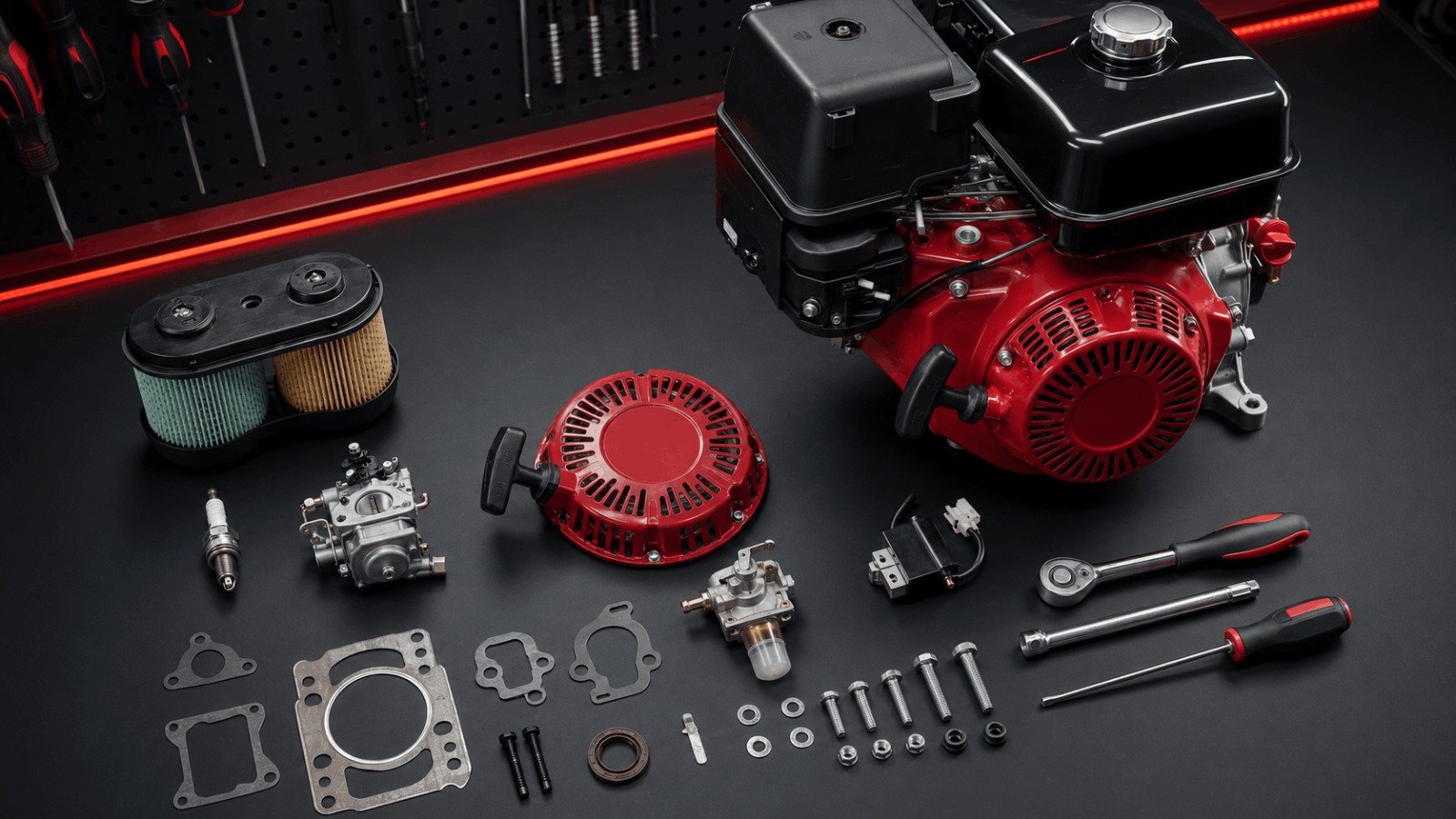 Honda GX390 pressure washer engine parts including carburetor, recoil starter, air filter, and gaskets