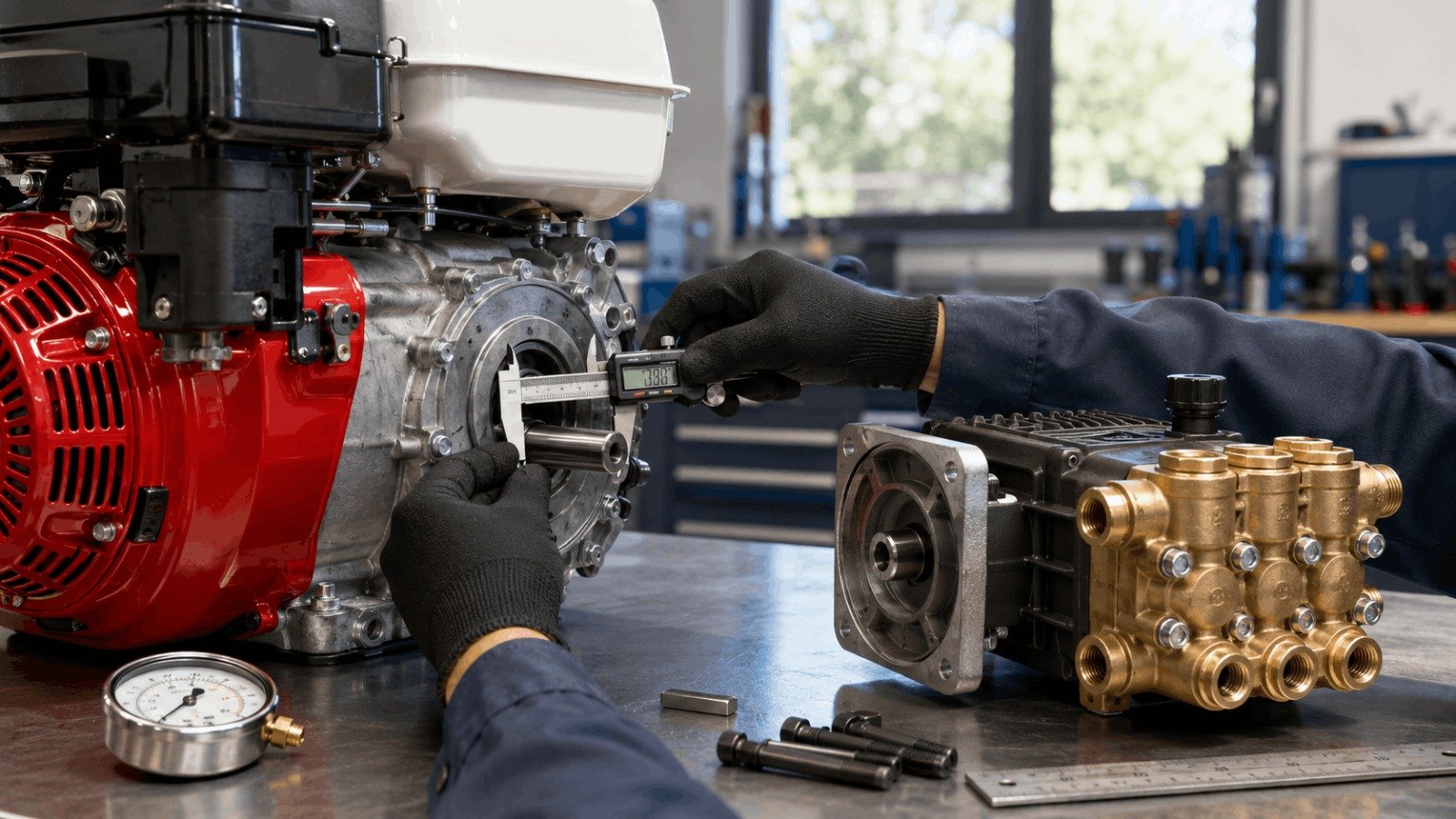 Technician using digital caliper to measure Honda pressure washer engine PTO shaft diameter for pump fitment