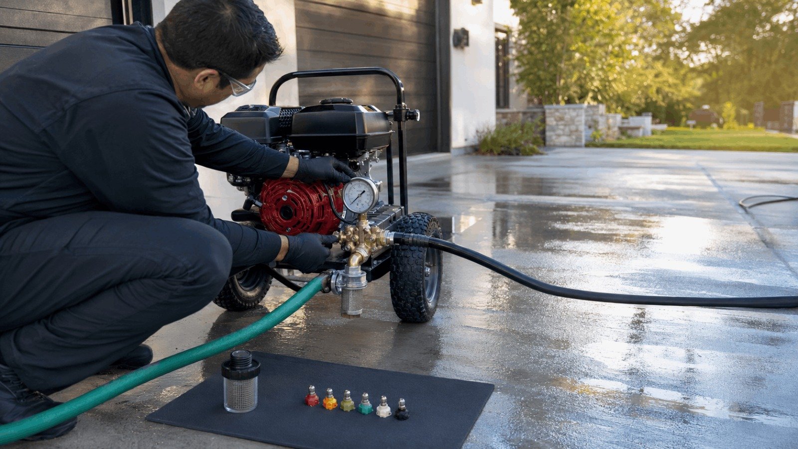 Technician checking Honda pressure washer water pressure gauge and inspecting spray tips