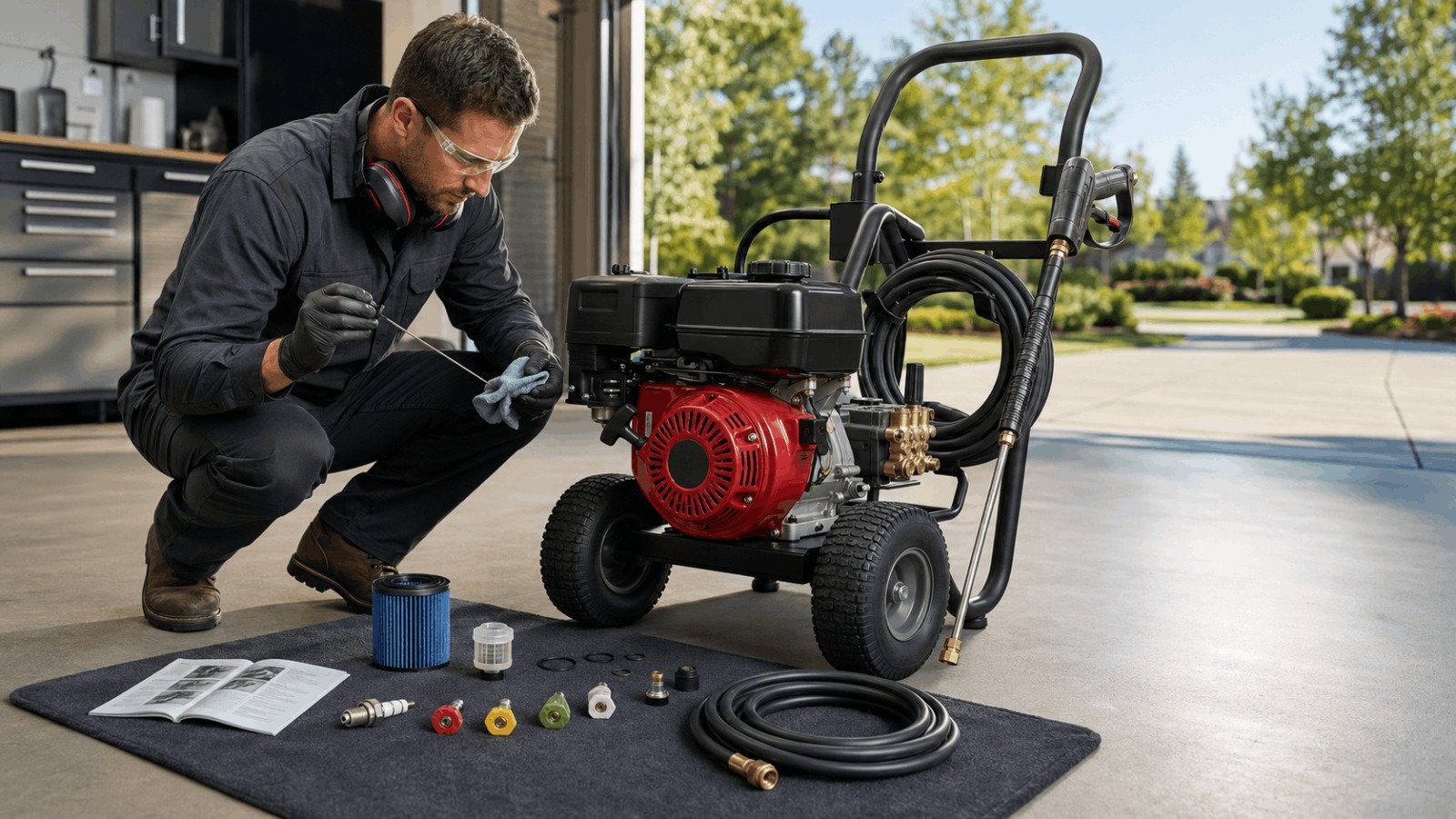 Technician performing routine maintenance on a Honda pressure washer engine oil dipstick