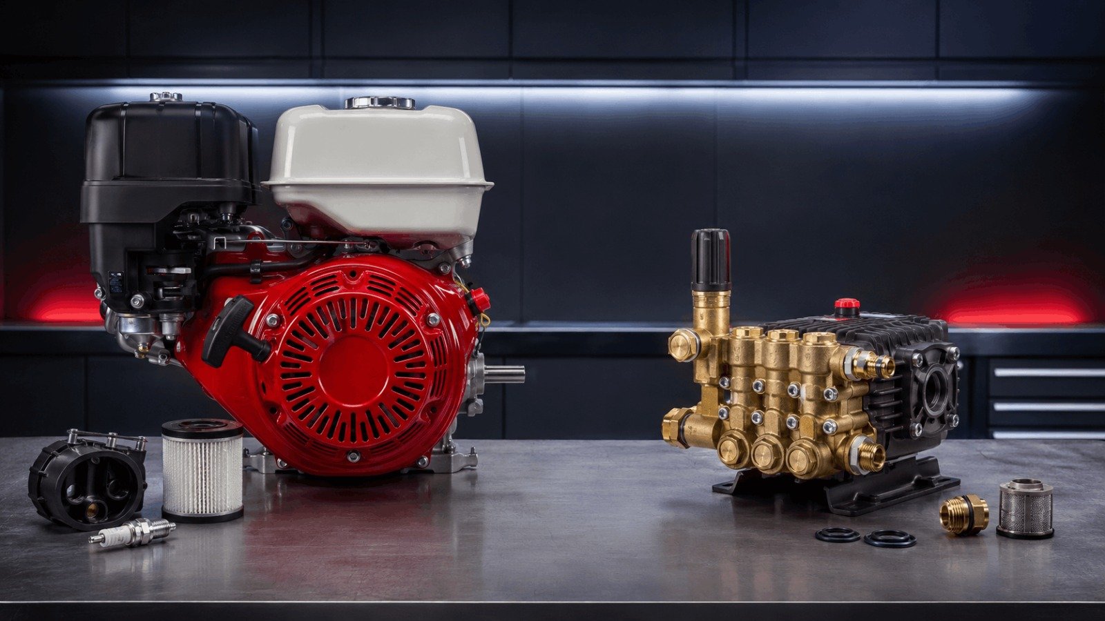 Honda GX series engine sitting next to a brass triplex pressure washer pump assembly