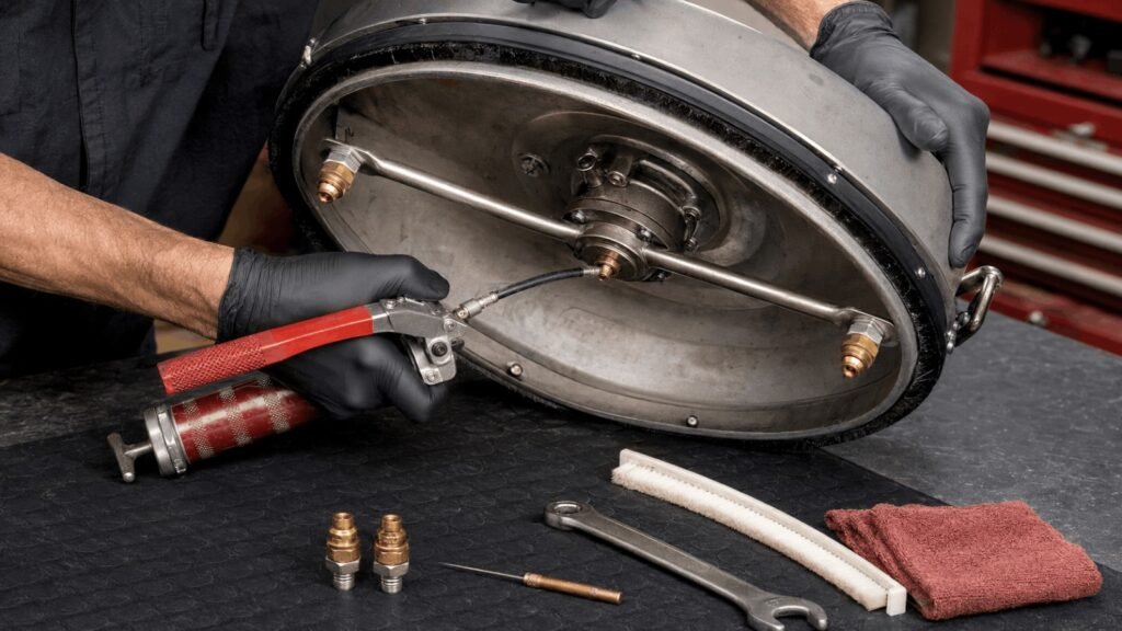 Greasing the swivel joint and inspecting nozzles for pressure washer surface cleaner maintenance