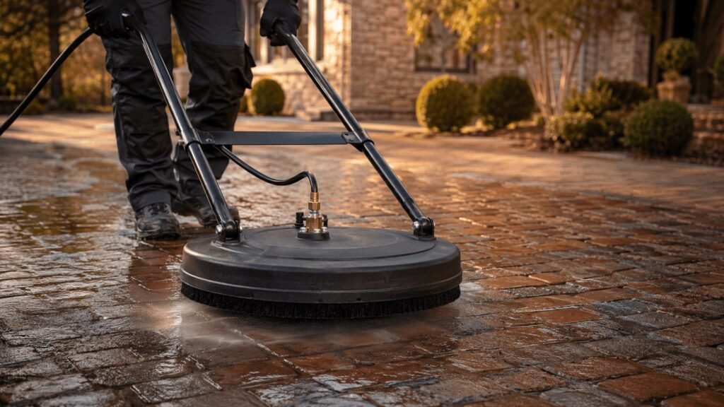 Whisper Wash Classic 19 inch commercial surface cleaner floating over brick pavers