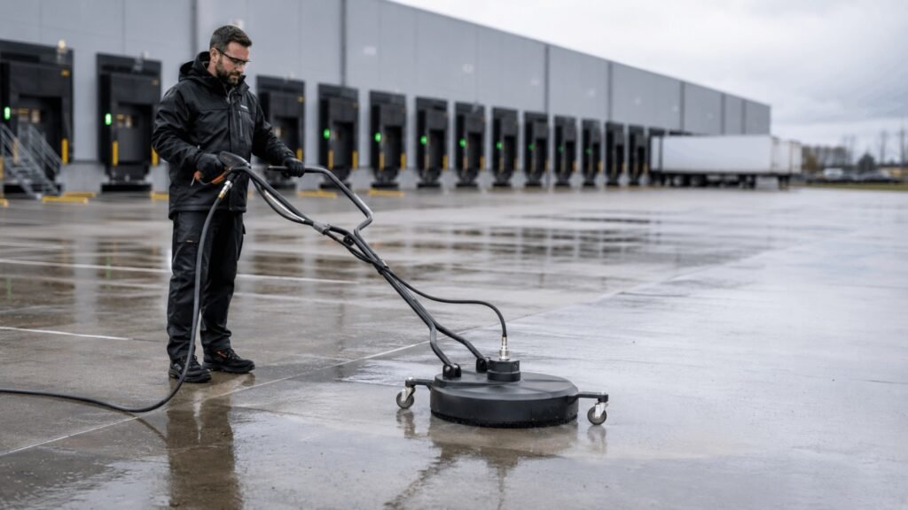 BE Power Equipment Whirl-A-Way 20 inch heavy duty surface cleaner with casters on commercial concrete