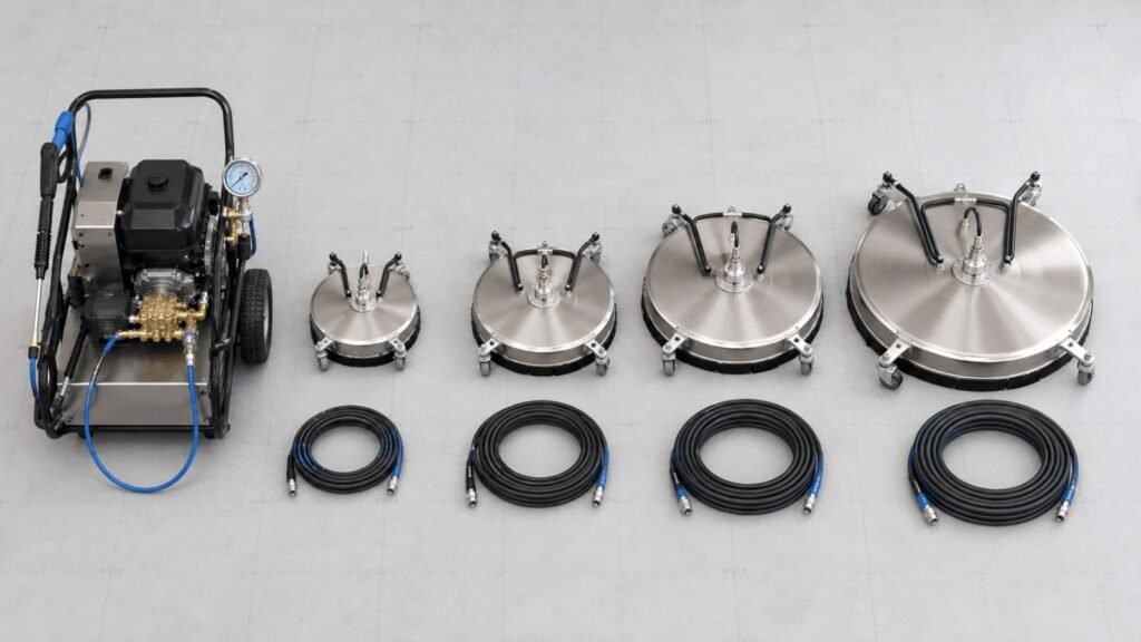 Multiple commercial pressure washer surface cleaner deck sizes lined up for GPM matching