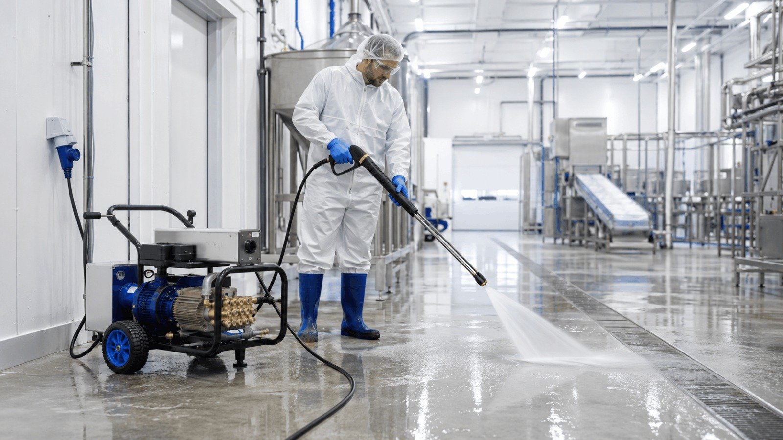 Commercial electric pressure washer being used indoors at a food processing facility with zero emissions