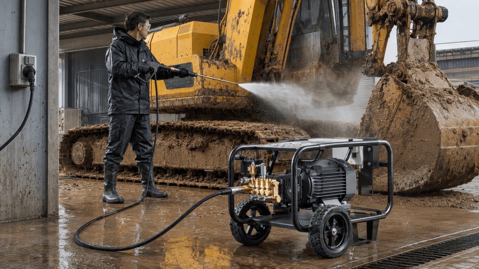 Karcher industrial roll cage electric pressure washer washing heavy construction equipment on job site