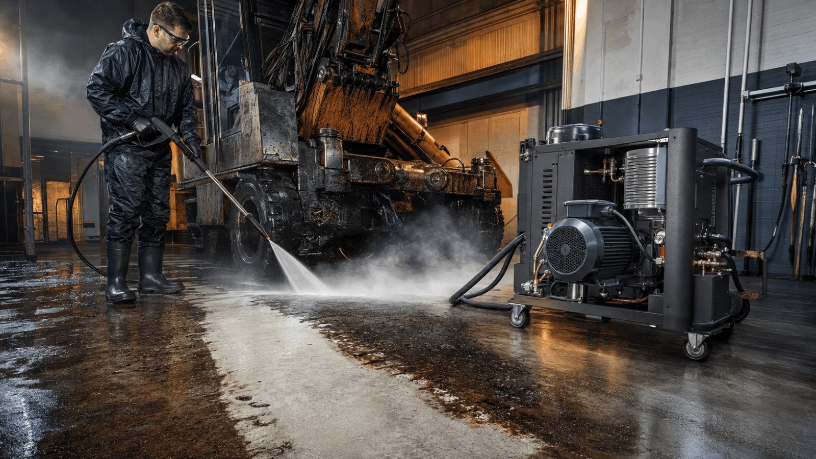 Hot water commercial electric pressure washer dissolving oil and grease on warehouse floor