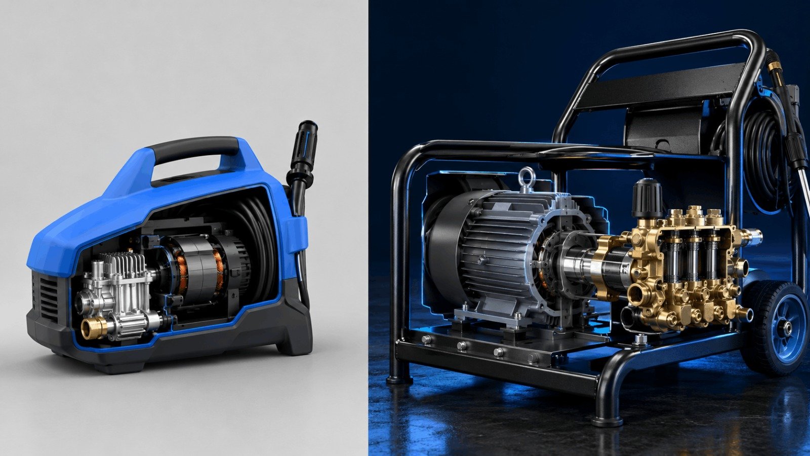 Internal cutaway comparison showing residential axial pump washer vs commercial triplex plunger pump unit