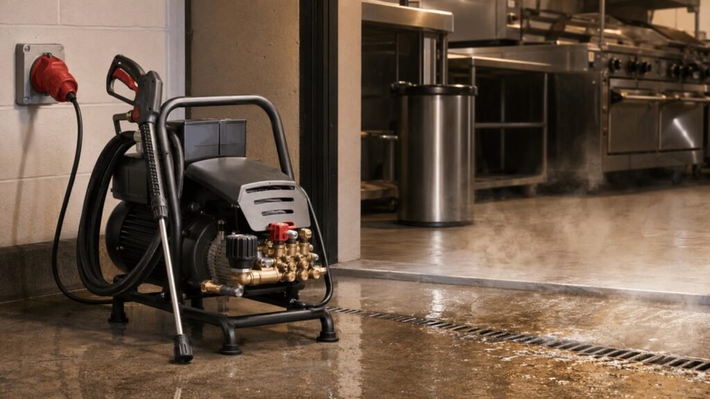 AR Annovi Reverberi hot water commercial electric pressure washer in kitchen setup