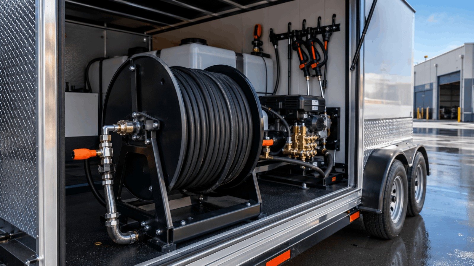 Heavy duty commercial pressure washer hose reel mounted inside truck rig