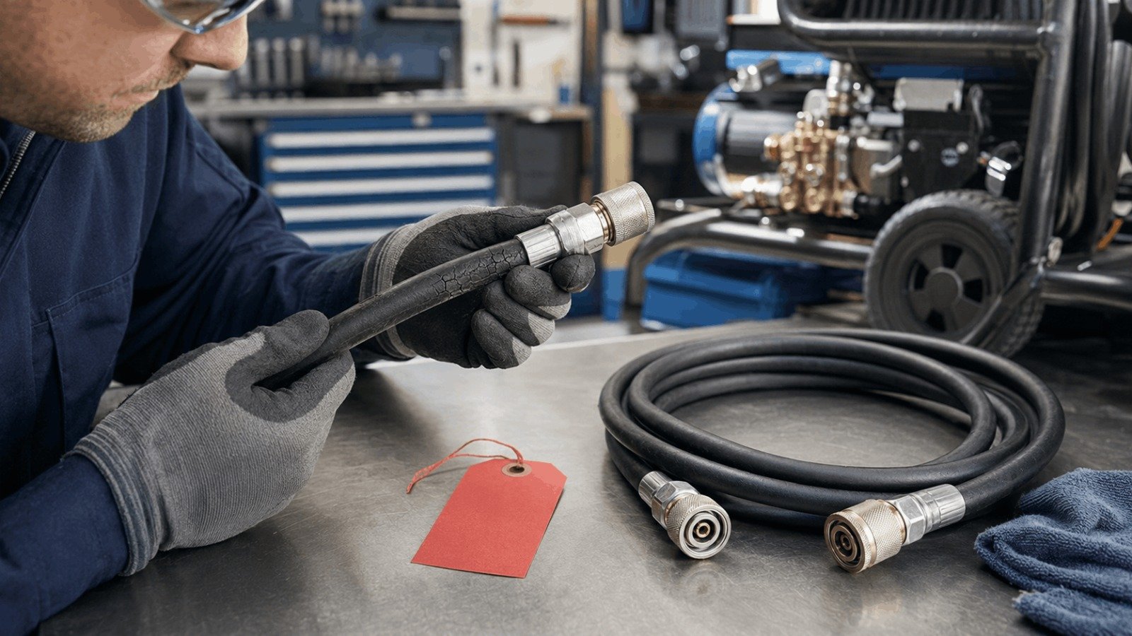 Technician inspecting damaged commercial pressure washer hose for replacement