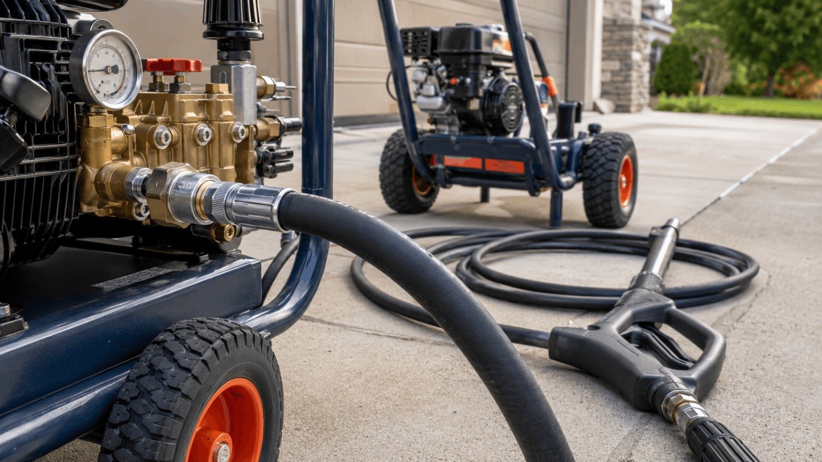 Commercial pressure washer hose connected to heavy duty pump outlet