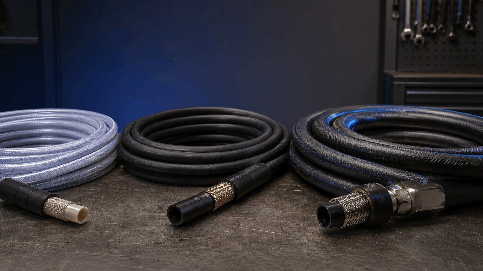 Heavy duty pressure washer hose layers showing inner tube and steel wire braid