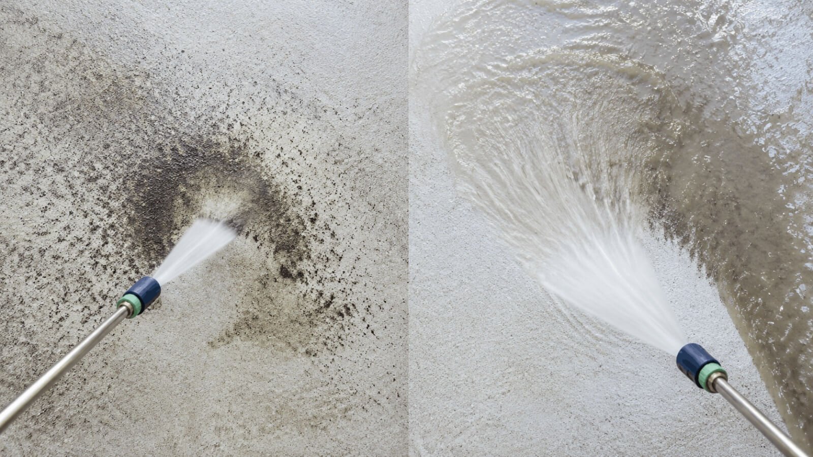 Close up comparison of high pressure PSI spray loosening dirt versus high flow GPM rinsing concrete.