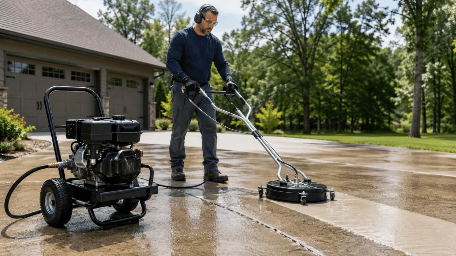 Commercial operator using a powerful gas pressure washer with a flat surface cleaner on a wide concrete driveway.
