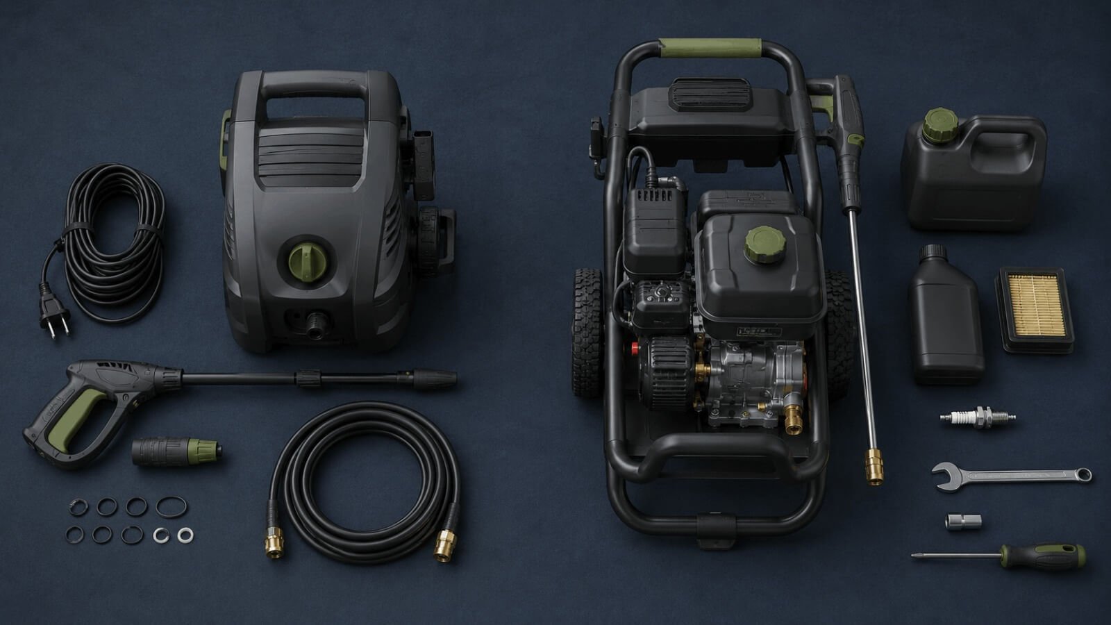 Flat lay comparison of electric pressure washer accessories versus gas engine maintenance tools like oil, spark plug, and air filter.