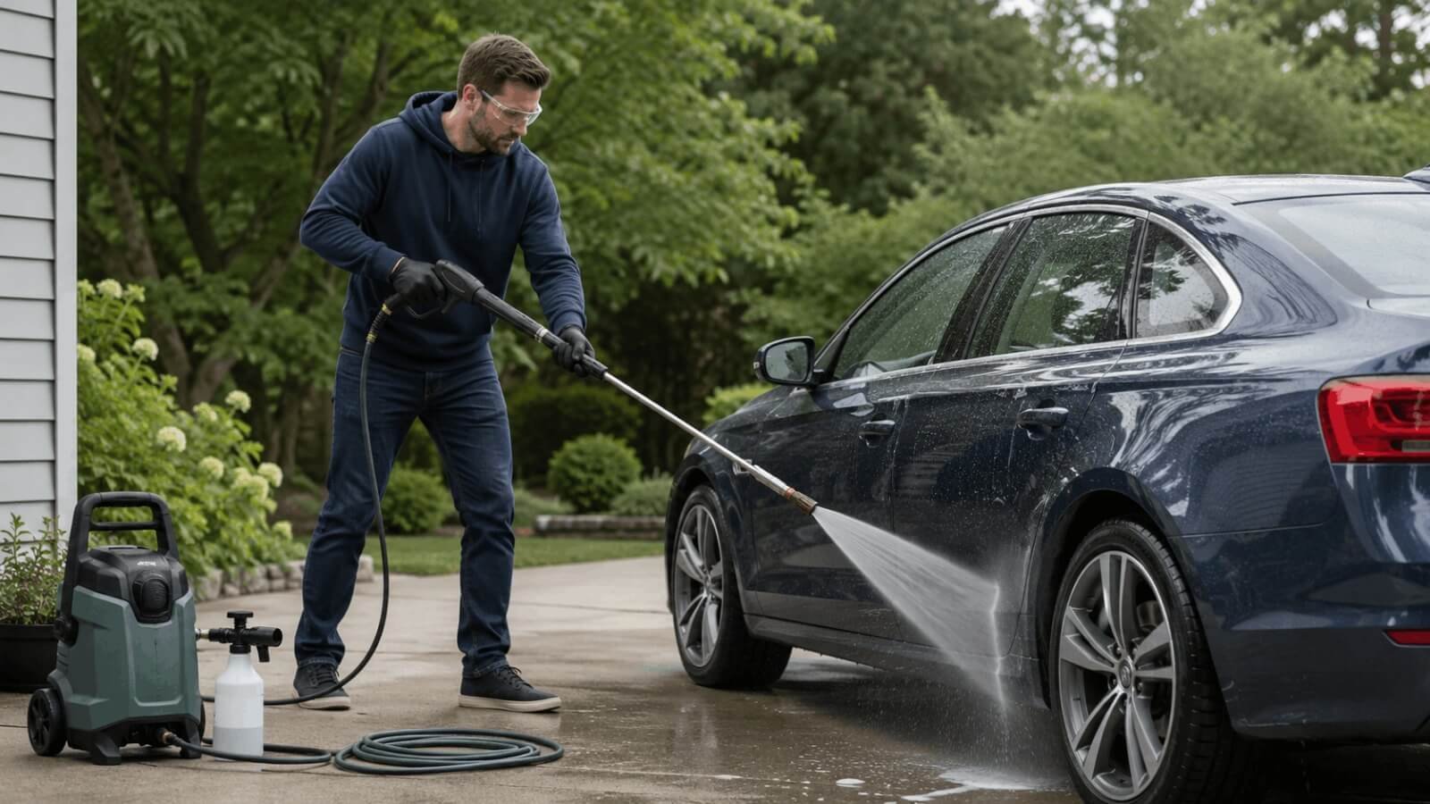 Person safely washing a blue car using a low-pressure electric washer and foam nozzle attachment.