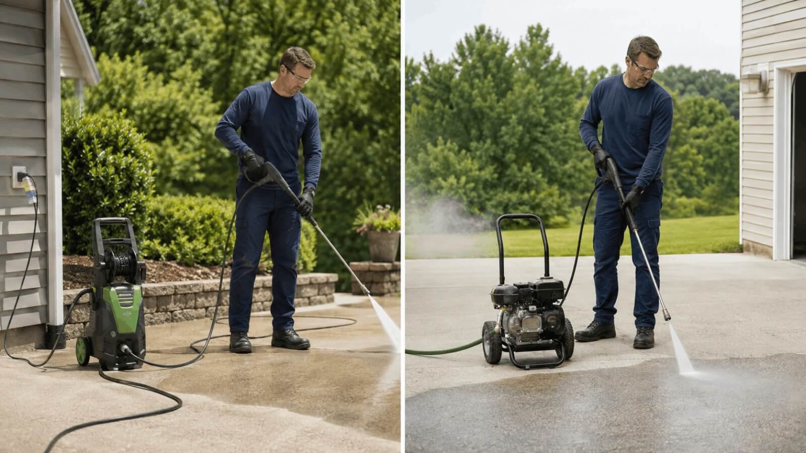 Proper outdoor setup for electric pressure washer plugged into a wall outlet and gas washer kept in open space.