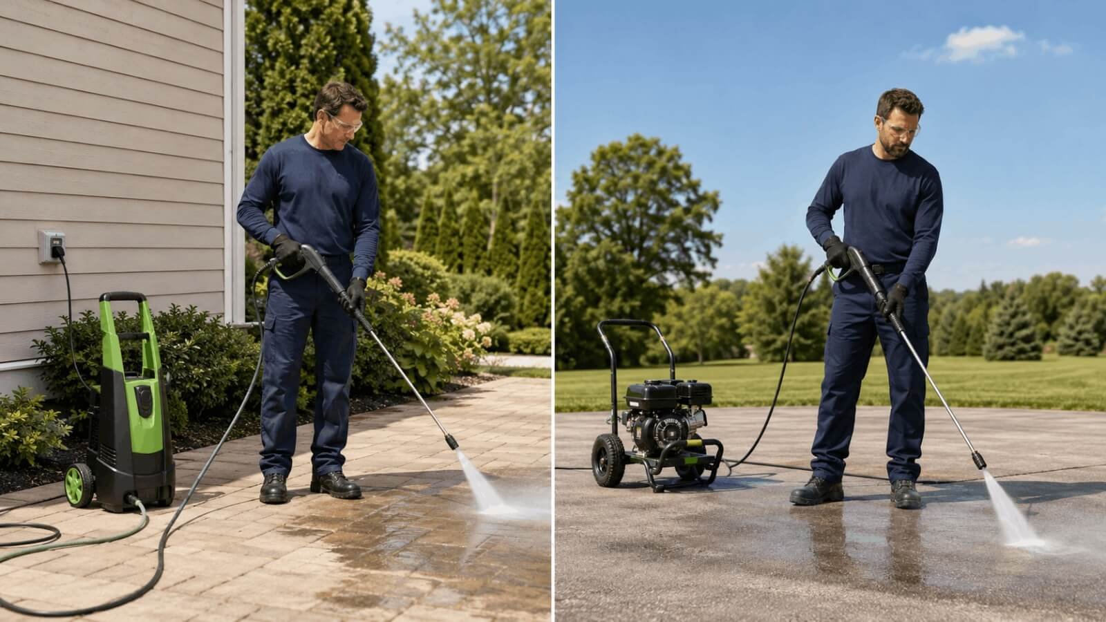 Side by side comparison of a man using an electric pressure washer and a gas pressure washer outdoors.