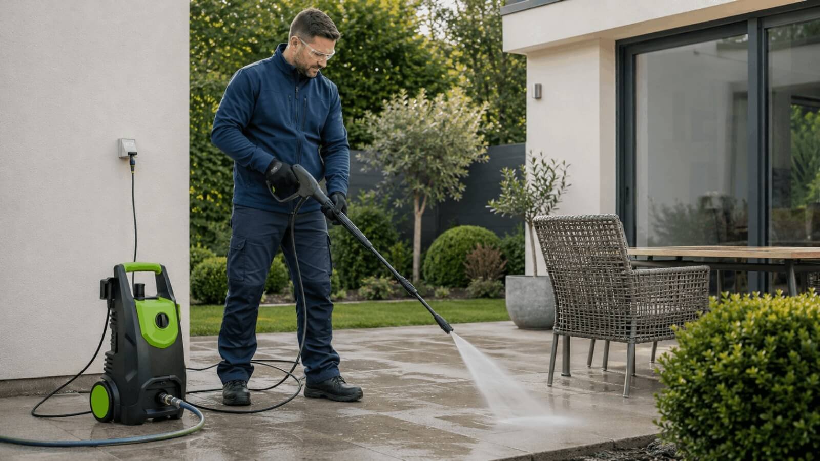 Homeowner using a corded electric pressure washer to clean a tiled patio near an outdoor outlet