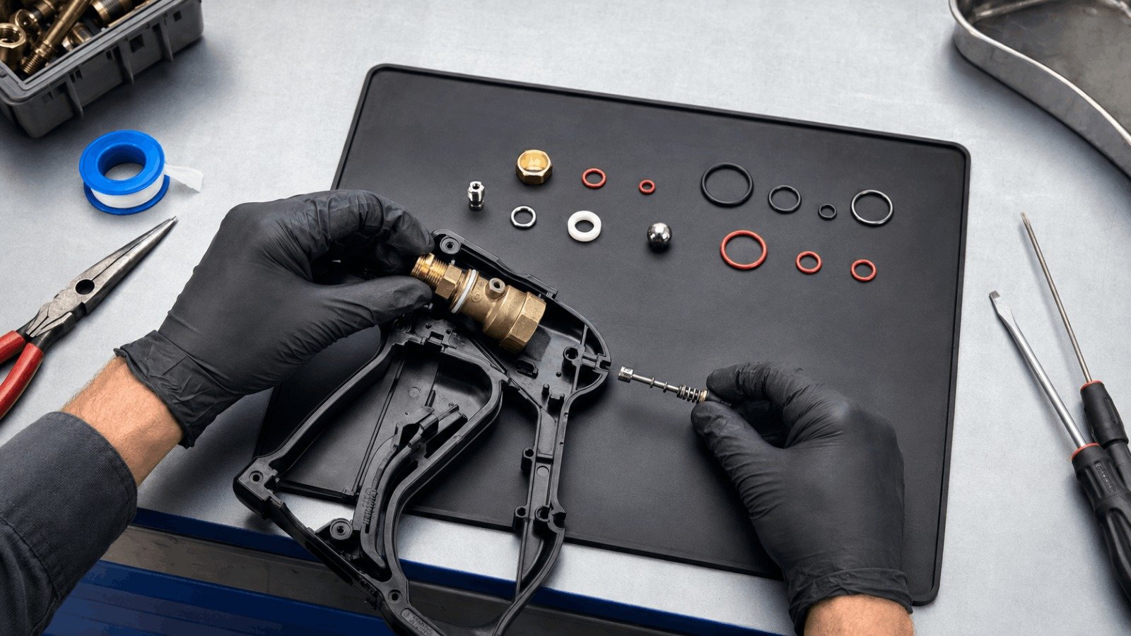 Technician replacing internal O-rings and ceramic ball valve using a spray gun repair kit
