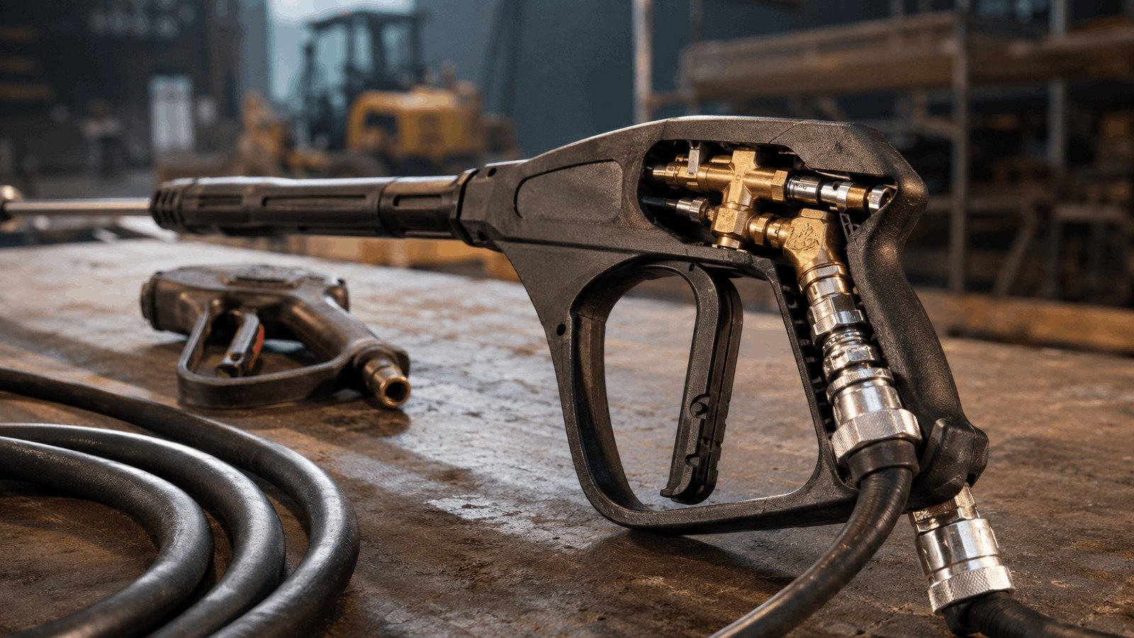 Open casing revealing heavy-duty forged brass manifold and quick-connect hose inlet inside a commercial trigger gun