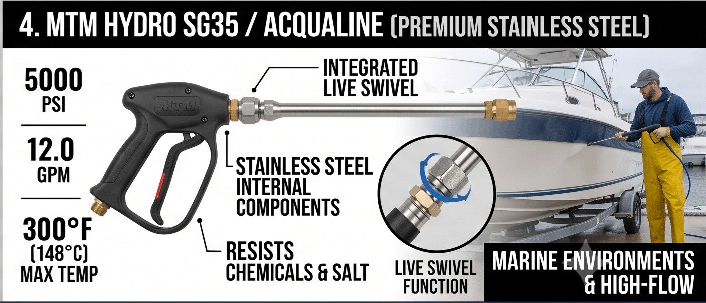 MTM Hydro SG35 stainless steel commercial spray gun with integrated live swivel for marine cleaning