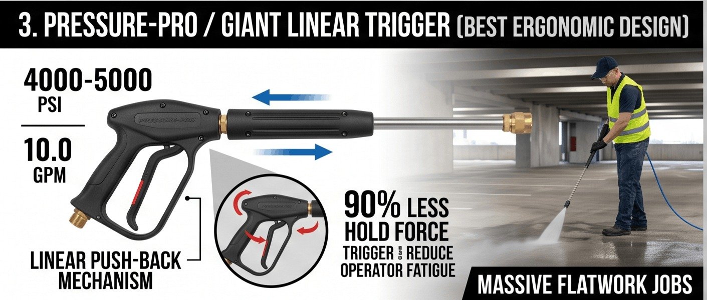 Pressure-Pro linear zero-force trigger gun designed to reduce operator hand fatigue during flatwork