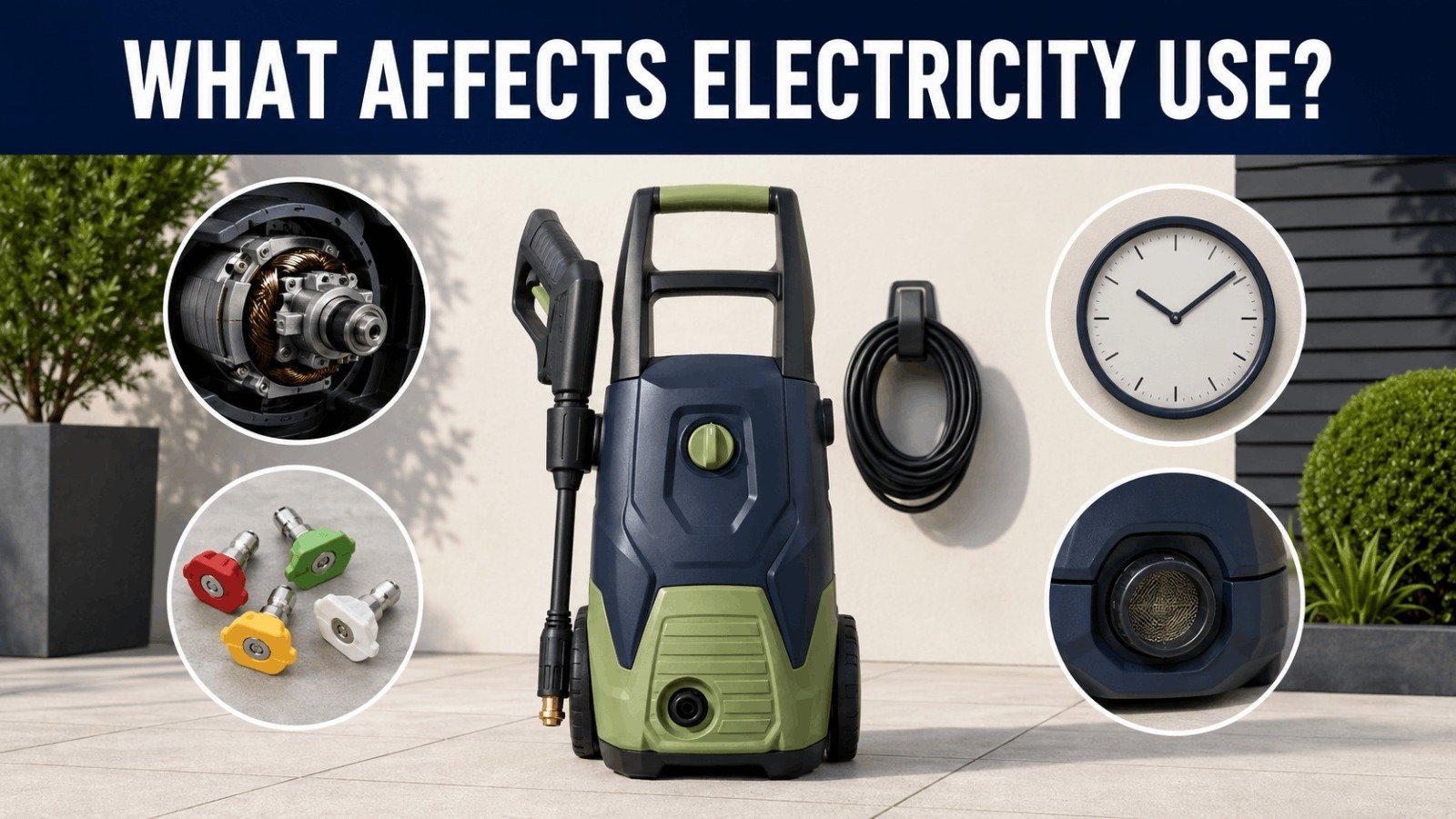Electric pressure washer surrounded by key components including motor, spray nozzles, timer, and water inlet.