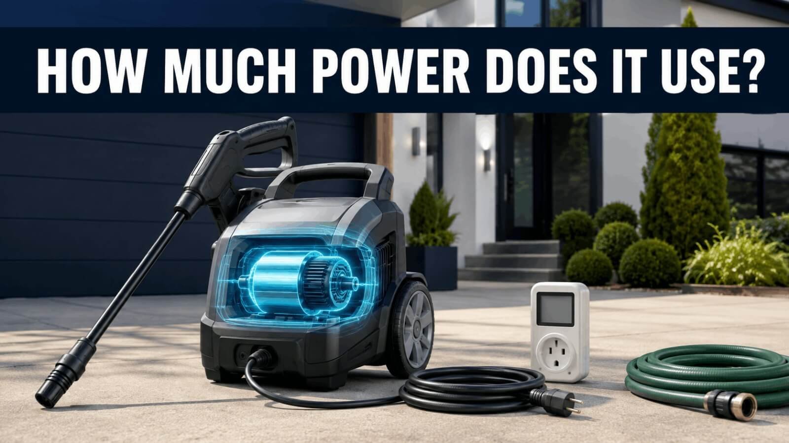 Electric pressure washer showing internal electric motor diagram alongside a watt meter and garden hose.