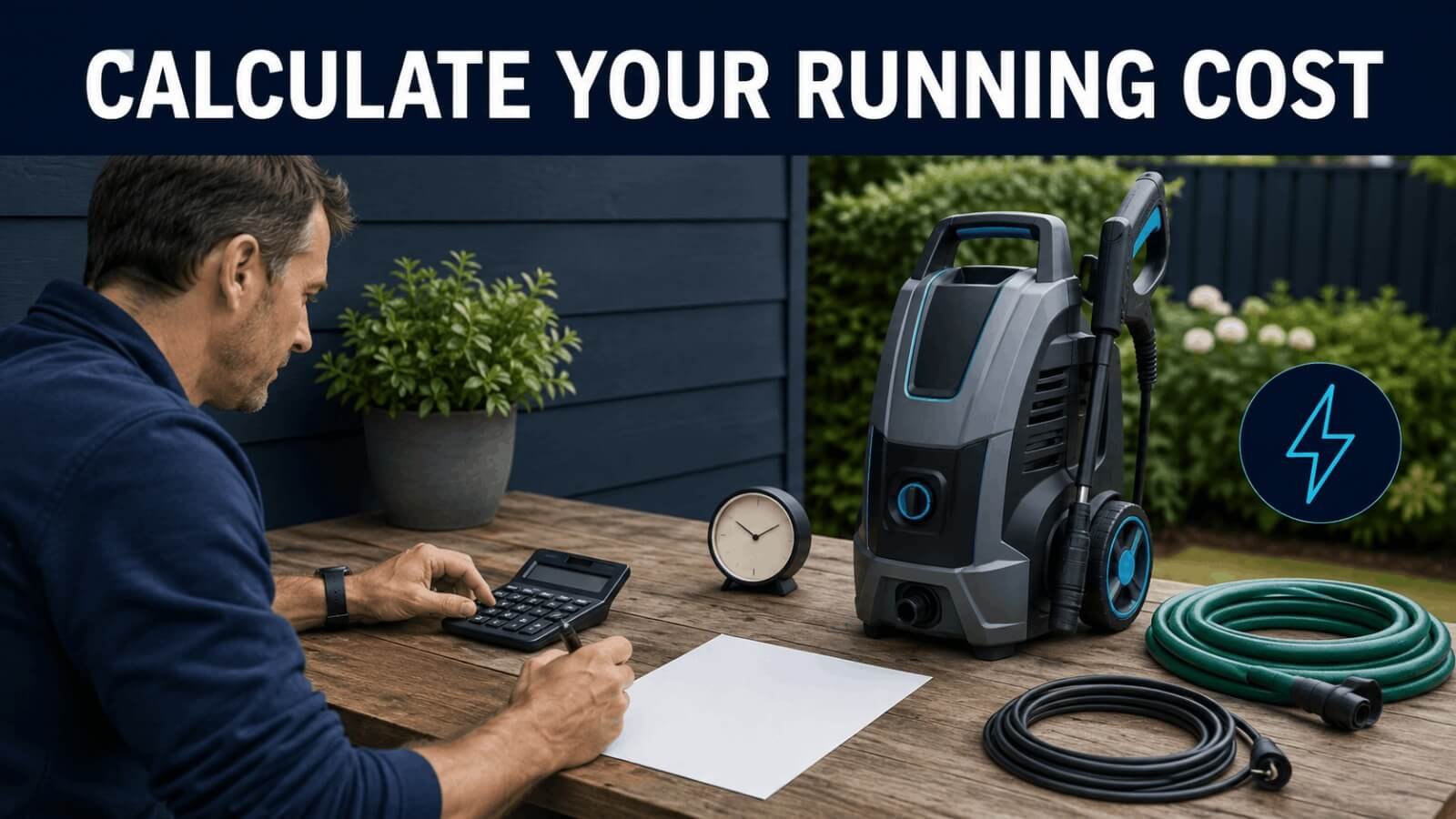 Man sitting at an outdoor table using a calculator and notepad to estimate pressure washer electricity costs.