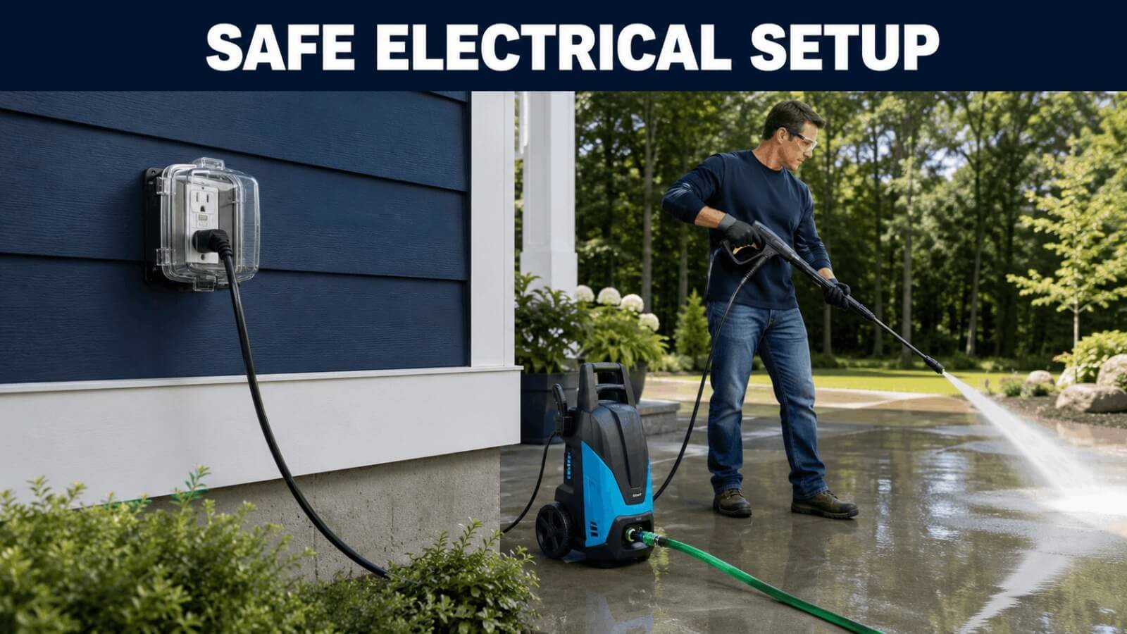 Man pressure washing a concrete patio safely connected to a covered outdoor GFCI electrical outlet.