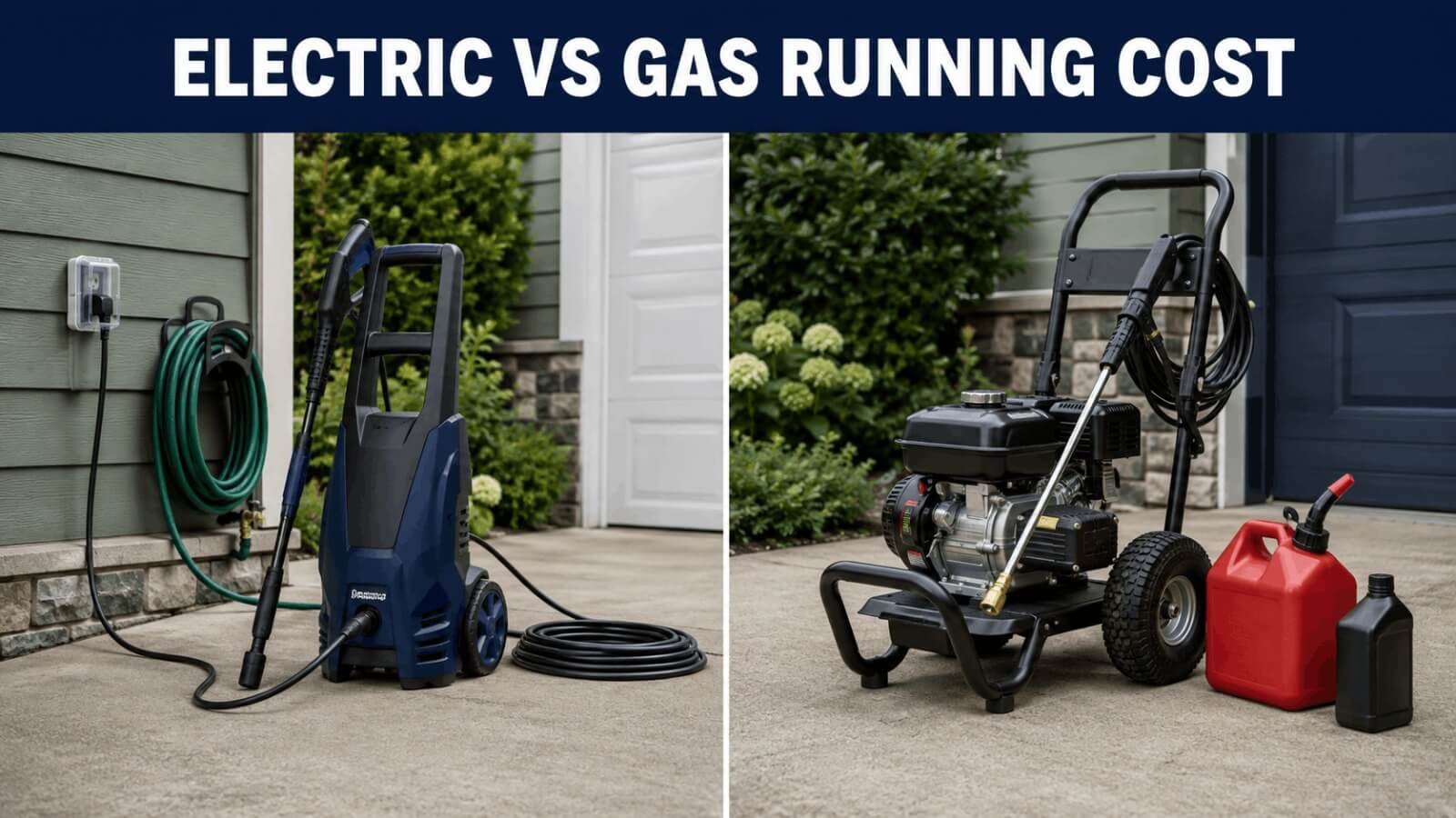 Side-by-side comparison of a corded electric pressure washer and a gas-powered pressure washer with fuel tank.