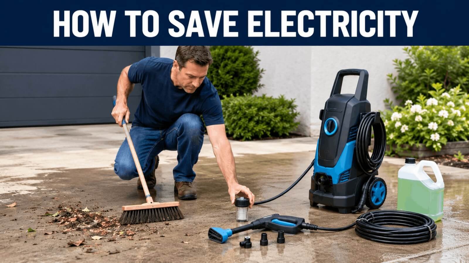 Homeowner sweeping debris and setting up detergent bottle and nozzles before turning on the pressure washer.