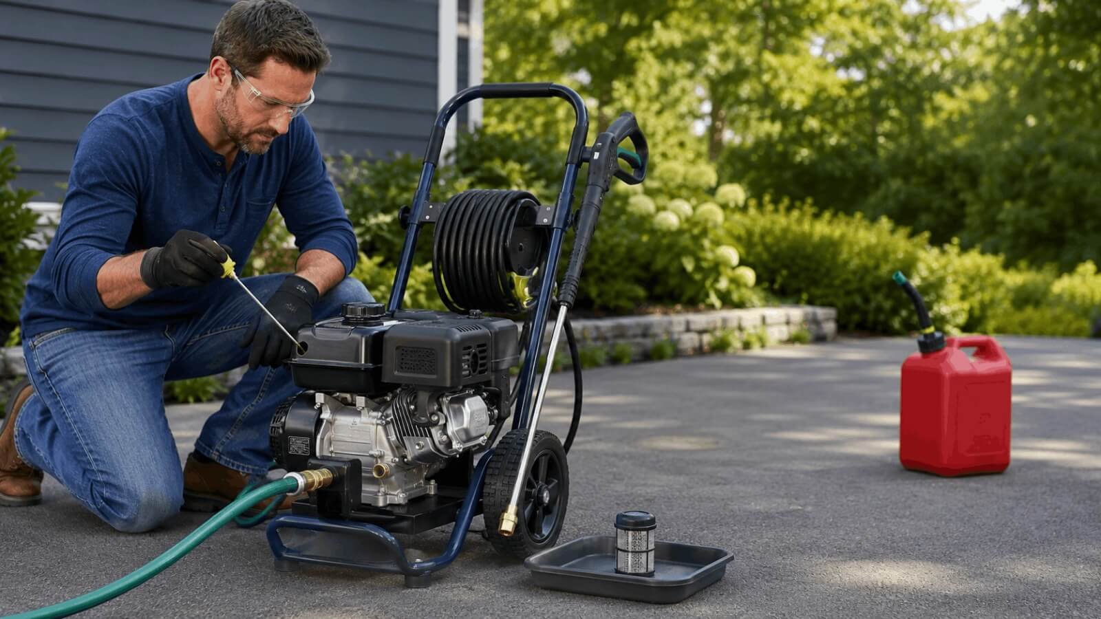 A man checking the engine oil level with a dipstick on a four-stroke pressure washer engine before starting.