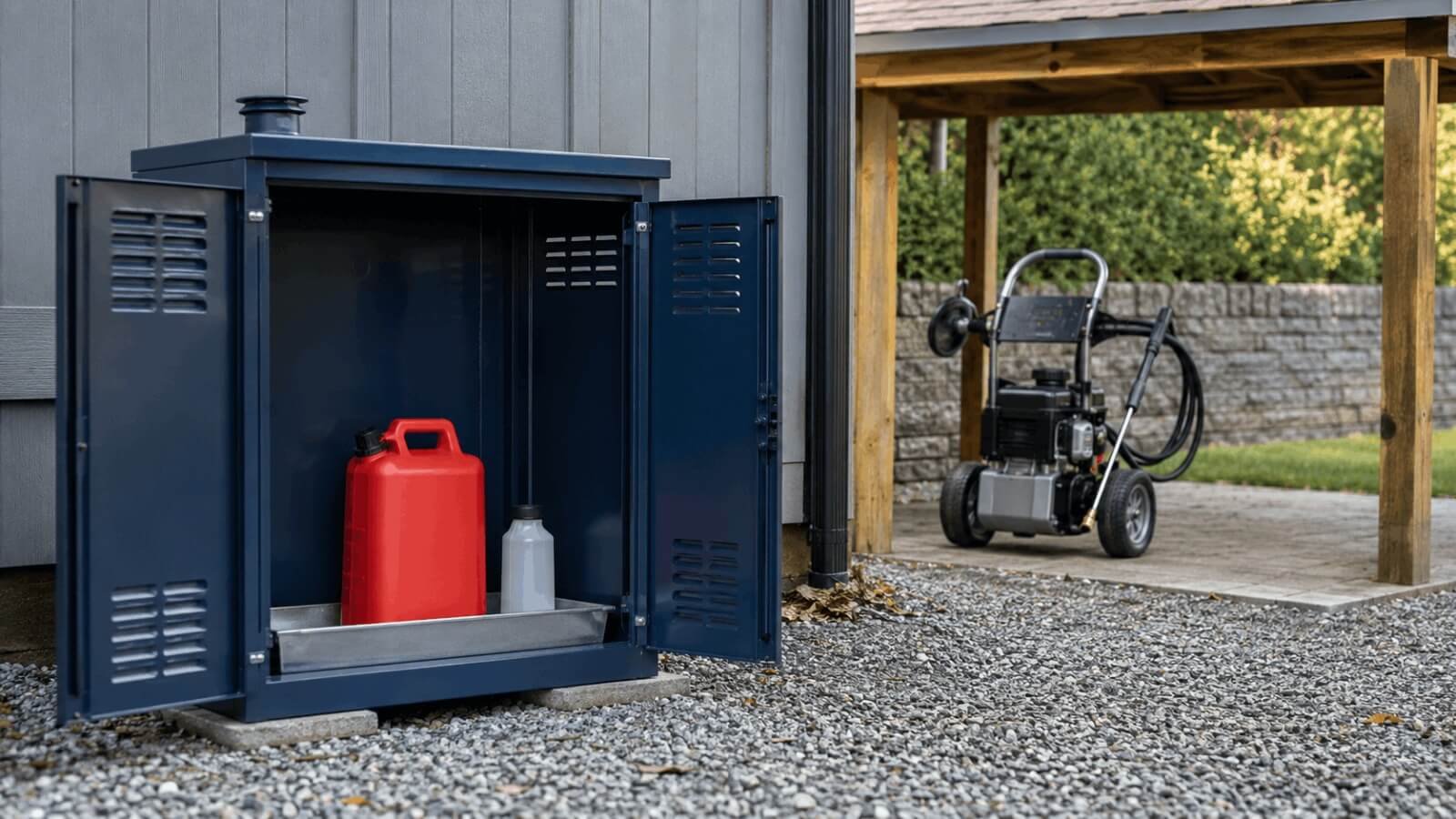 A red fuel container stored safely inside a well-ventilated outdoor storage cabinet next to a pressure washer.